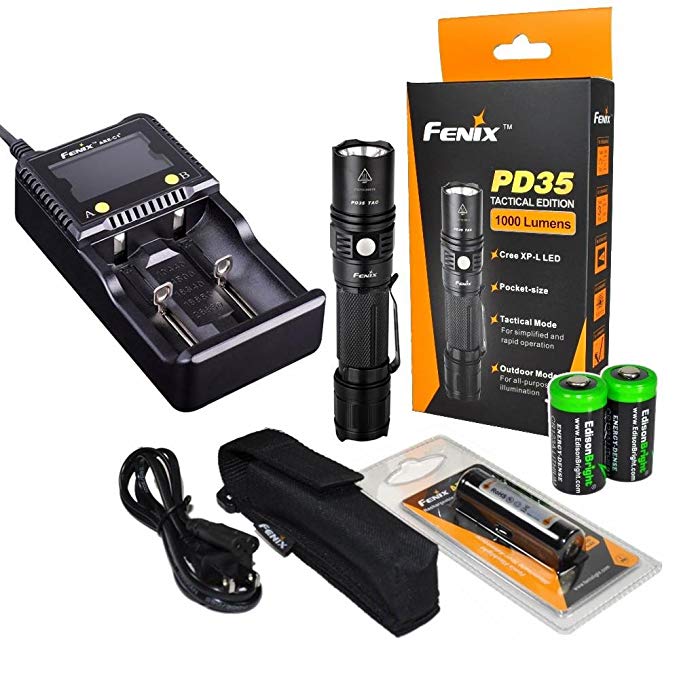 Fenix PD35 1000 Lumen CREE XP-L LED Compact Tactical Flashlight Bundle with EdisonBright 18650 2600mAh Li-ion Rechargeable Batteries and Charger