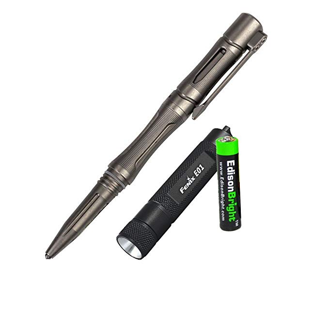 EdisonBright Fenix T5Ti Tactical Pen (Titanium Alloy) with Fenix E01 Flashlight AAA battery bundle