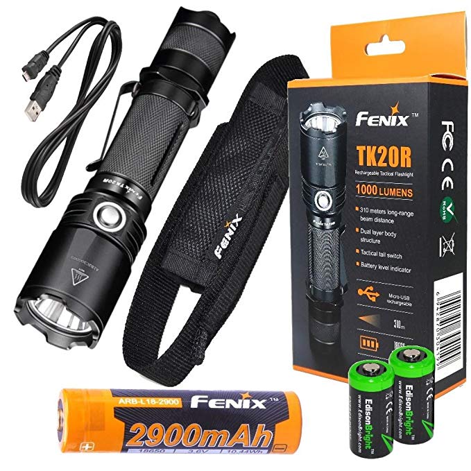 EdisonBright FENIX TK20R USB Rechargeable 1000 Lumen Cree LED tactical Flashlight with, 2900mAh rechargeable battery, USB charging cable and 2 X lithium CR123A back-up batteries bundle