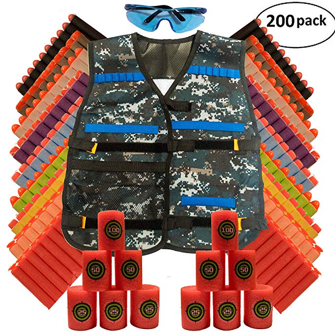 Tactical Blue Camo Vest Kit for Nerf Guns N-Strike Elite Series (Includes Vest, 12 Foam Targets, Safety Glasses, and 200 Extra Bullets)