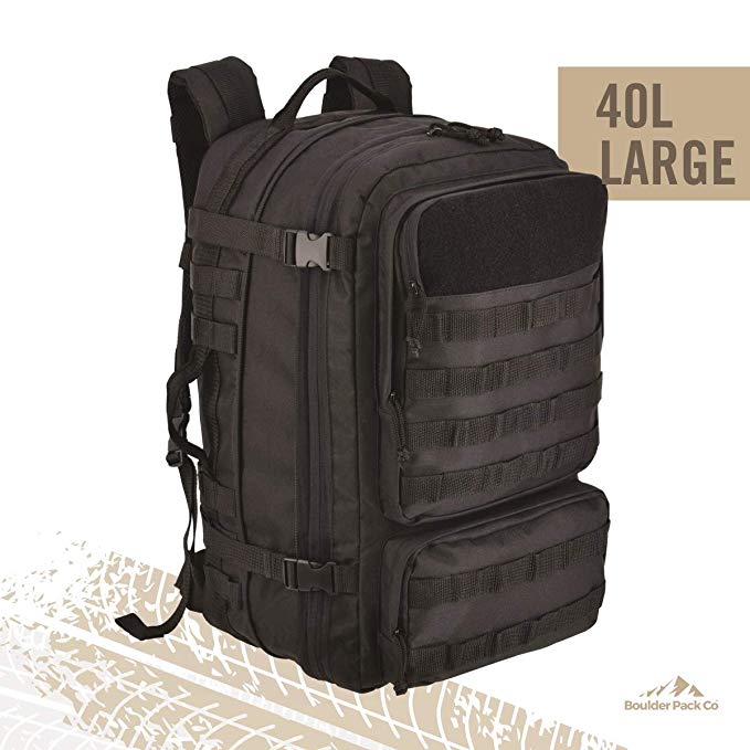 Large (40L) Durable Tactical Backpack with Rain Cover, Expandable Size and Water Bladder Compartment