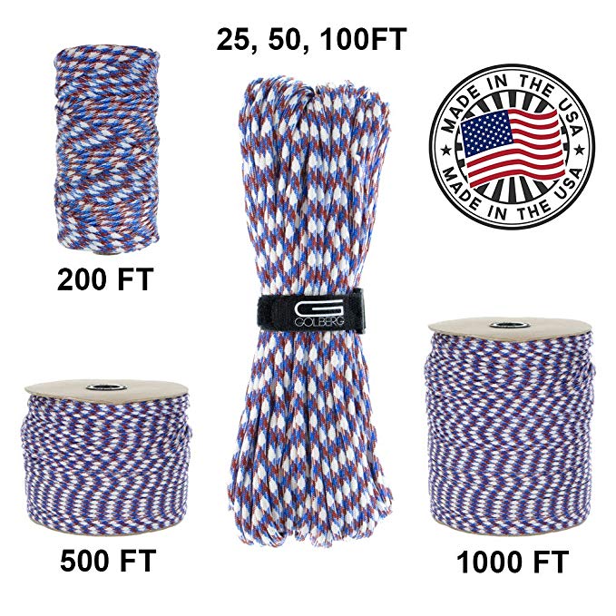GOLBERG 750lb Paracord/Parachute Cord – US Military Grade – Authentic Mil-Spec Type IV 750 lb Tensile Strength Strong Paracord – Mil-C-5040-H – 100% Nylon – Made in USA