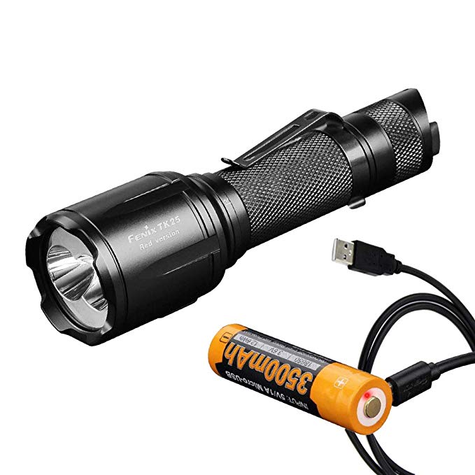 Fenix TK25 Red Version 1000 Lumen White/310 Lumen Red Tactical Hunting Flashlight with 3500mAh USB Rechargeable Battery and Lumen Tactical Charging Cable