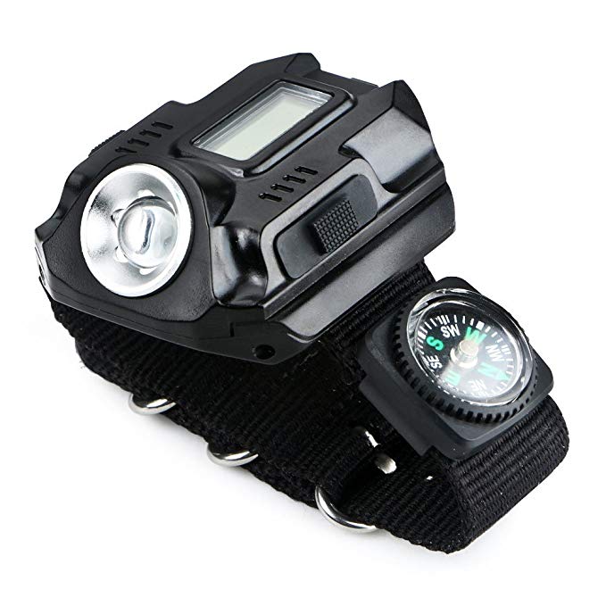 Zlimio Waterproof Tactical LED Display 4-Mode Rechargeable Wrist Watch Flashlight Torch (Black)