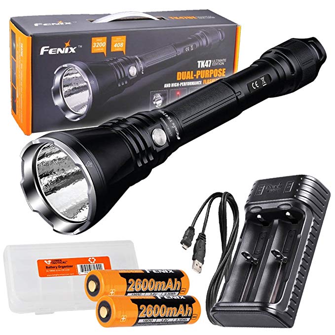 Fenix TK47UE Ultimate Edition 3200 Lumen LED Tactical Flashlight w/ 2X Rechargeable Batteries, are-X2 USB Charger LumenTac Battery Organizer