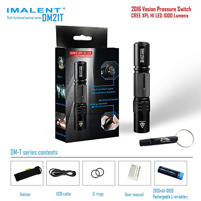 IMALENT DM21T 1000 Lumens XP-L HI LED Multi-factional Tactical White Flashlight IPX-8 Waterproof built-in USB charger interface comes with one 2600mAh rechargeable battery