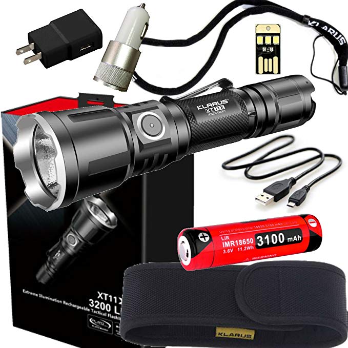 Klarus XT11X Super Bundle Includes 3200 Lumen Tactical Rechargeable Flashlight, 18650 Battery, Holster, Lanyard, USB Charging Cable, USB Wall Adapter, USB Car Adapter, and Mini USB Light