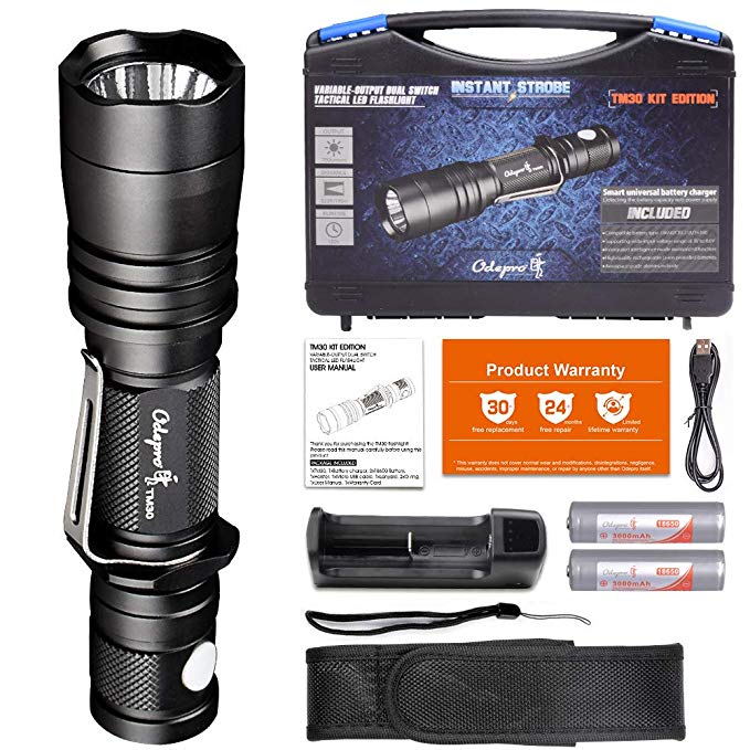 Odepro New Kit Edition Handheld LED Tactical Flashlights Double Switch 6 Light Modes IP68 Water Resistant Portable Flashlight, Durable Tool Box Package