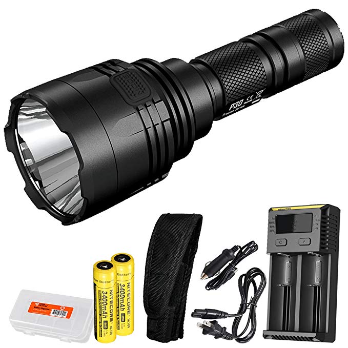 Nitecore P30 1000 Lumen Long Throw Flashlight with 2X 3400 mAh Rechargeable Batteries, I2 Charger and LumenTac Battery Organizer