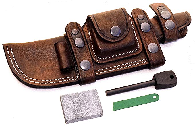 CFK Cutlery Company Custom Handmade BROWN Bushcraft TRACKER/Skinner Knife Buffalo Leather RIGHT/LEFT HAND Horizontal Scout Sheath & Sharpening Stone & Fire Starter Rod Set CFK164