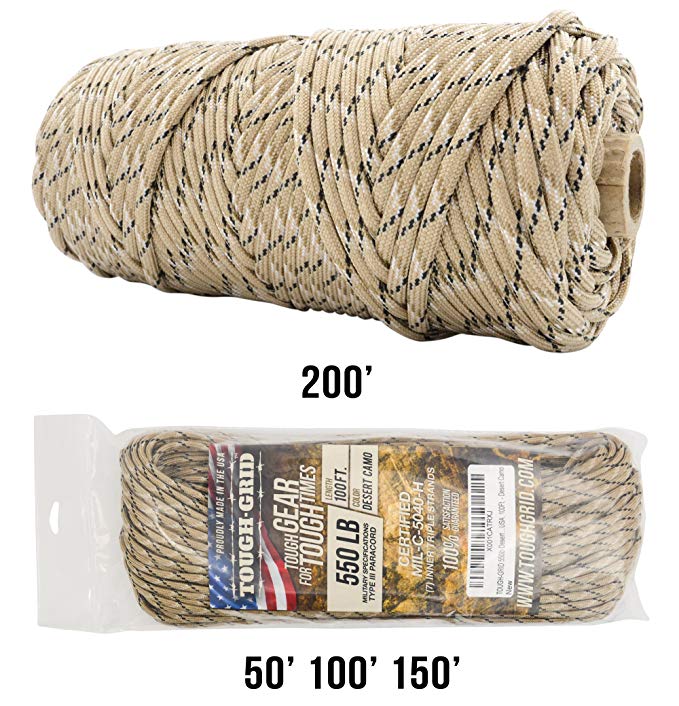 TOUGH-GRID 550lb Paracord/Parachute Cord - 100% Nylon Genuine Mil-Spec Type III Paracord Used by The US Military - Great for Bracelets and Lanyards - Made in The USA.