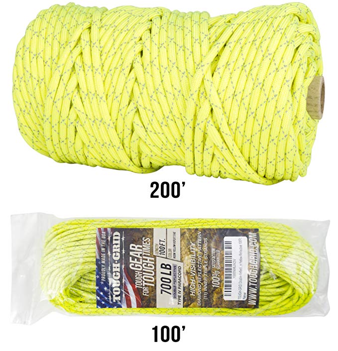 TOUGH-GRID NEW 700lb Double-Reflective Paracord/Parachute Cord - 2 Vibrant Retro-Reflective Strands for the Ultimate High-Visibility Cord - 100% Nylon - Made In USA.