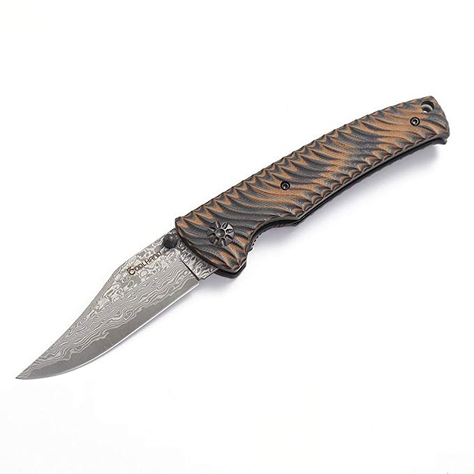 Cool Hand 3.25'' Bowie Liner Lock Pocket Folding Kinfe, 8Cr13Mov Blade Damascus Blade w/Anbi Thumb Stud, 4.25'' Grippy G10 Handle