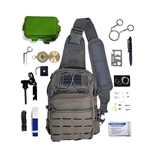 Gearrific Tactical Sling Bag Survival Bundle with 26 pc Survival Kit + Portable Camping Shovel, Glow in The Dark Paracord & Military Shemagh Scarf