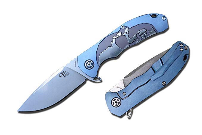 CH Folding Knife S35VN Blade Outdoor Knife Gears Blue Titanium Handle with Skull Cameo CH3504