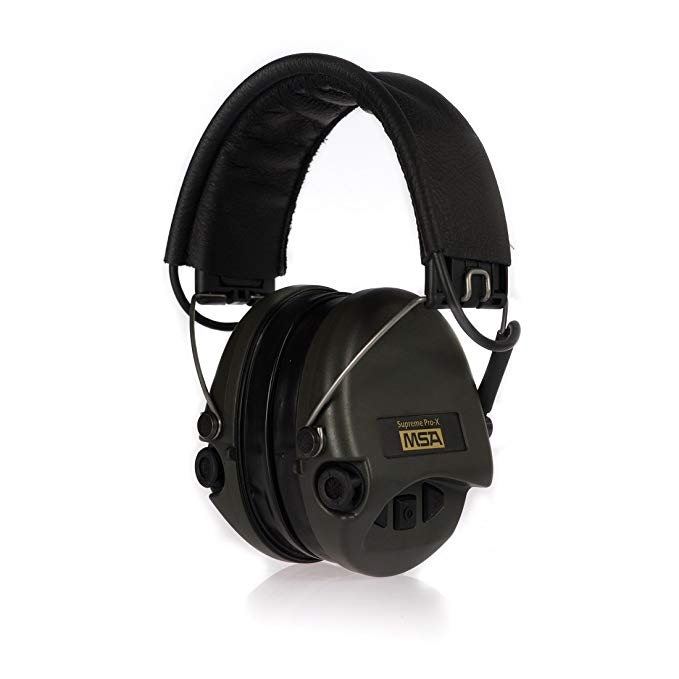 MSA Sordin Supreme Pro X - Premium Edition - Electronic Earmuff with black leather band, green cups and gel seals fitted