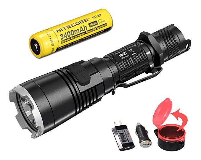 High Capacity Bundle with Flip-to-side Diffuser: Nitecore MH27 1000 Lumens Rechargeable Tactical LED Flashlight, 3400 mAh 18650 Battery and Charging Adapters (Red)