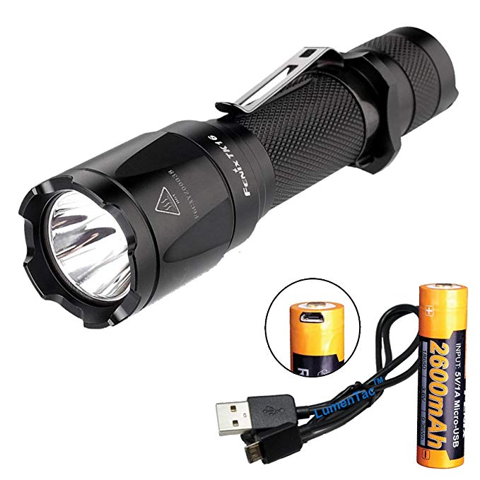 Fenix TK16 1000 Lumen Tactical LED Flashlight /w Instant Strobe, Fenix 2600mAH 18650 USB Rechargeable Battery and Lumen Tactical USB Charging Cable