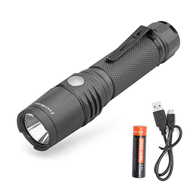 EverBrite Rechargeable LED Flashlight 550 Lumens CREE Bulb, IP68 Waterproof and Dust-free 7 Modes Super Bright for Hiking, 18650 Battery Aluminum Tactical Torch Pocket Clip USB Cable Included