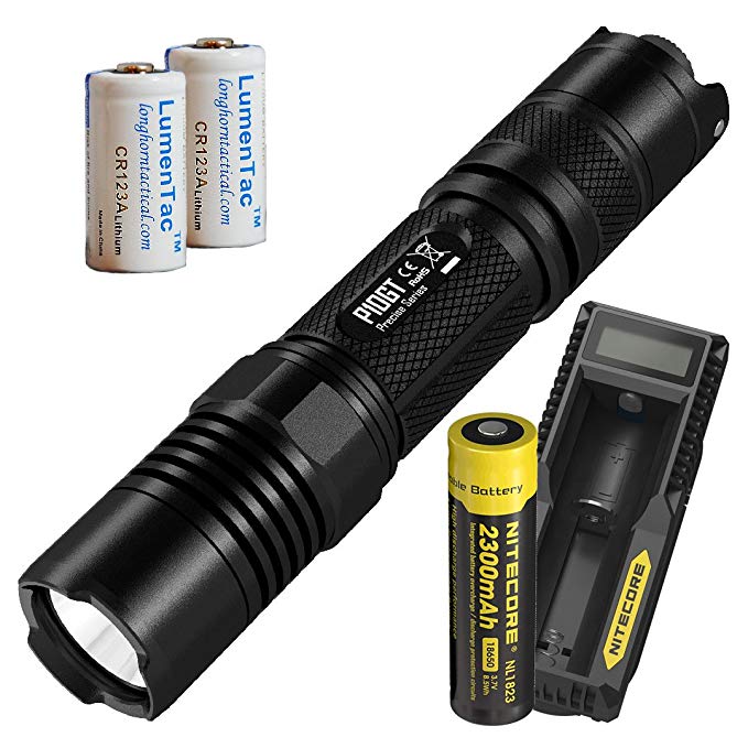 Nitecore P10GT 312 Yard 900 Lumen Tactical LED Flashlight with a UM10 Battery Charger, Rechargeable Battery, 2X LumenTac CR123 Batteries - P10 Upgrade