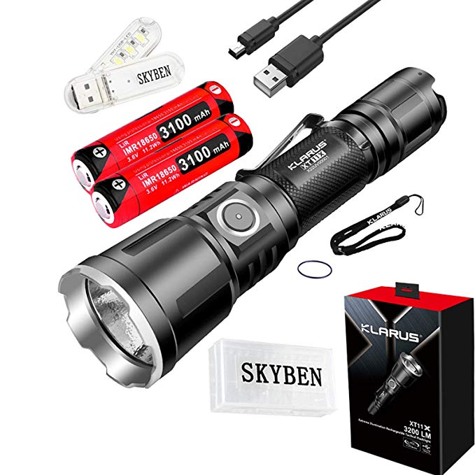 Klarus XT11X 3200 Lumens CREE XHP70.2 P2 LED 18650 Extreme Illumination Rechargeable Tactical Powerful Flashlight 2 x 18650 Battery,SKYBEN Battery Case USB Light(XT11GT Upgraded Version)