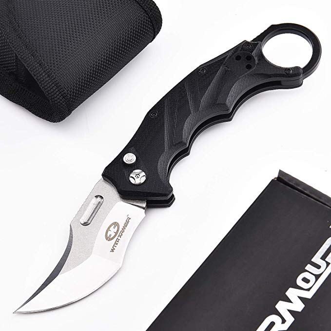 WITHARMOUR Stainless Steel Pocket Folding Karambit Knife Black Lynx for Men and G-10 Handle with Clip for Tactical Outdoor Survival Camping and Self Defense 5-inch closed