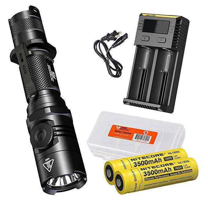 Nitecore P26 Infinite Brightness 1000 Lumen Rotary Switch Tactical LED Flashlight with 2X High Capacity 3500mAh Rechargeable Batteries, I2 Charger and LumenTac Battery Organizer