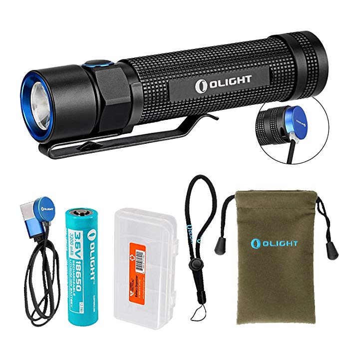 Olight S2R 1020 Lumen Rechargeable LED Flashlight with Magnetic Charger, Olight 3200mAh battery, and LumenTac Battery Organizer