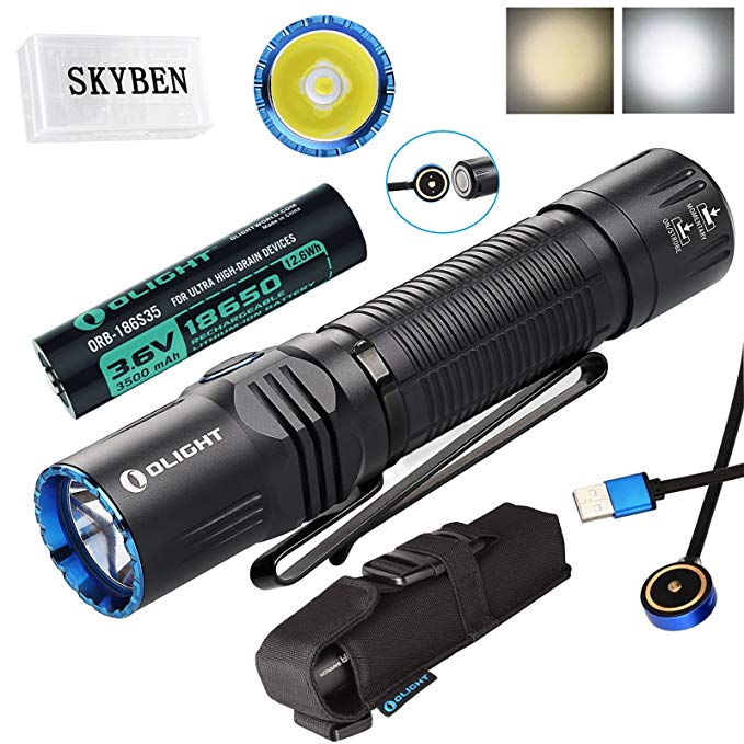 SKYBEN Olight M2R 1500 Lumen Cree XHP35 HD LED USB Magnetic Rechargeable Dual switches Tactical Flashlight,with Magnetic Charging Cable,Customized 18650 Battery Accessory