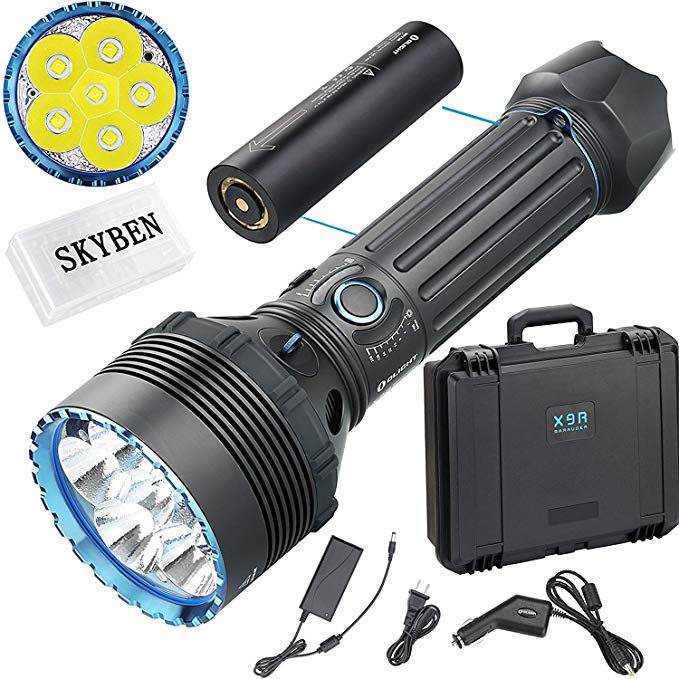 Olight X9R Marauder 25,000 Lumens Six Cree XHP70.2 LED Highest Output Flashlight Tactical Rechargeable Search Flashlight with 8 Rechargeable Battery Pack and SKYBEN Accessory (X9R)