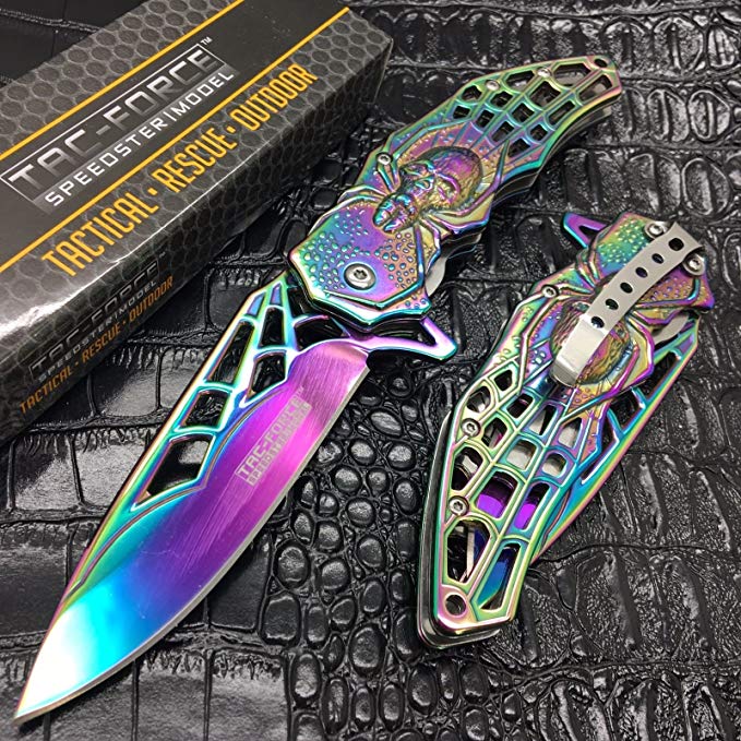 New Tac Force Assisted Open Rainbow Titanium Coated Queen Spider Web Fantasy Eco'Gift LIMITED EDITION Knife with Sharp Blade