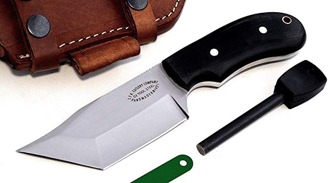 CFK Cutlery Company USA Custom Handmade D2 Small HYBRID-TANTO Bushcraft Hunter Tactical Knife with Horizontal Leather Sheath and Fire Starter Set CFK500