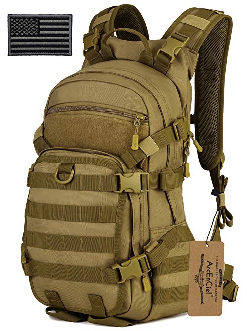 ArcEnCiel 25L Tactical Motorcycle Cycling Backpack Military Molle Pack Helmet Holder with Patch - Rain Cover Included