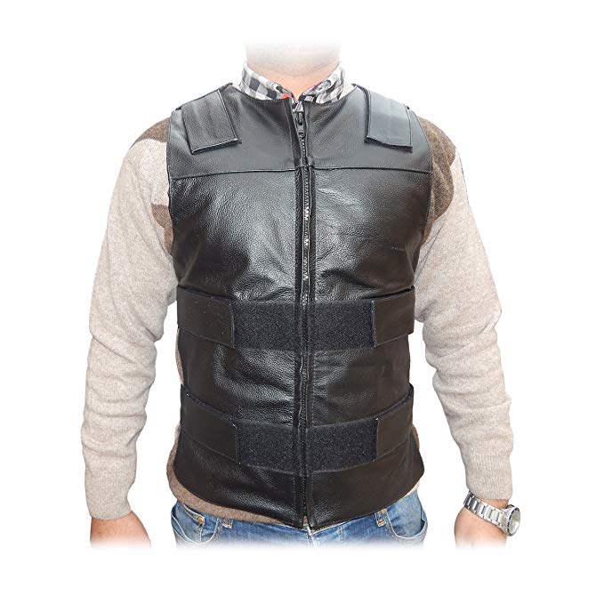 2Fit Men's Bullet Proof Style Motorcycle Biker Leather Vest-Black S-6XL (Medium (40