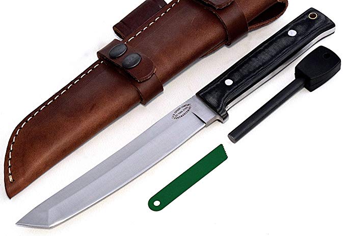 CFK Cutlery Company USA SHOGUN TANTO Custom Handmade D2 Tool Steel Tactical Bushcraft Hunting Skinning Camping Knife & Horizontal Leather Sheath & Fire Starter Rod Set CFK95