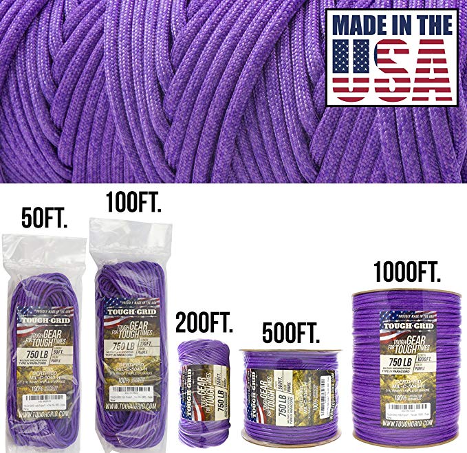 TOUGH-GRID 750lb Paracord/Parachute Cord - Genuine Mil Spec Type IV 750lb Paracord Used by the US Military (MIl-C-5040-H) - 100% Nylon - Made In The USA.