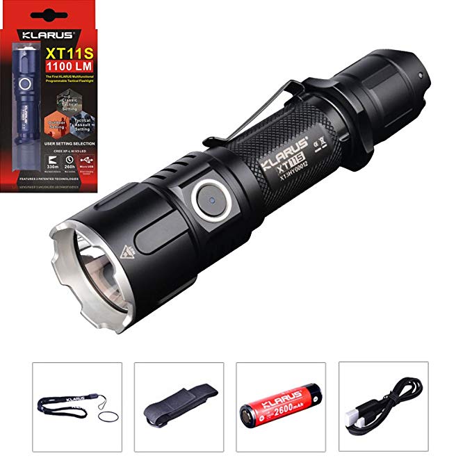 Klarus Improved XT11S LED Compact 1100 Lumens USB Rechargeable Tactical Flashlight, Rechargeable 18650 Battery, USB Charging Cable, Lanyard, Holster, Pocket Clip