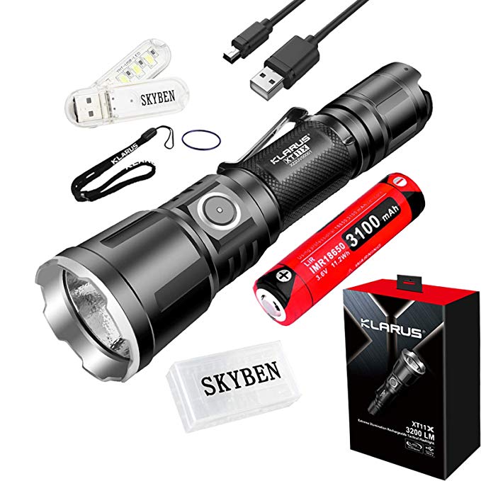 Klarus XT11X 3200 Lumens CREE XHP70.2 P2 LED 18650 Extreme Illumination Rechargeable Tactical Powerful Flashlight 1 x 18650 Battery,SKYBEN Battery Case USB Light(XT11GT Upgraded Version)