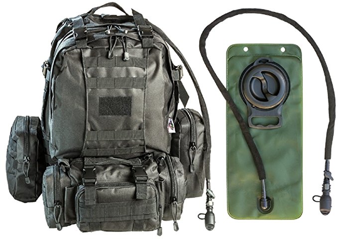 Tactical Military MOLLE Backpack Bundle with 2.5L Hydration Water Bladder & 3 Molle Bags By MonkeyPaks