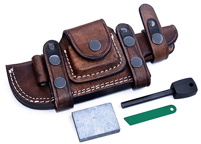 CFK Cutlery Company Custom Handmade BROWN Bushcraft TRACKER/Skinner Knife Buffalo Leather RIGHT/LEFT HAND Horizontal Scout Sheath & Sharpening Stone & Fire Starter Rod Set CFK138