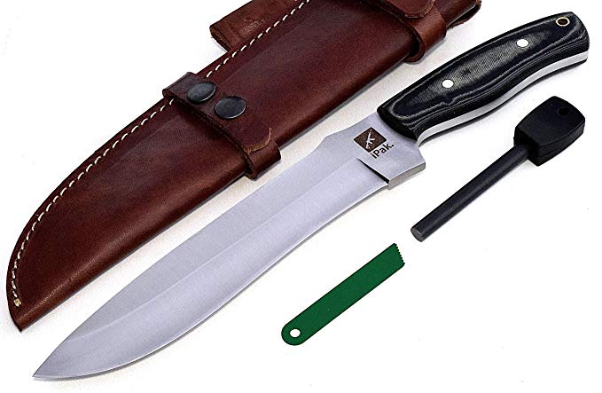 CFK USA IPAK Custom Handmade D2 Tool Steel Micarta Large Bowie Camping Hunting Bushcraft Hunter Knife with Horizontal Leather Sheath & Fire Starter Set CFK177